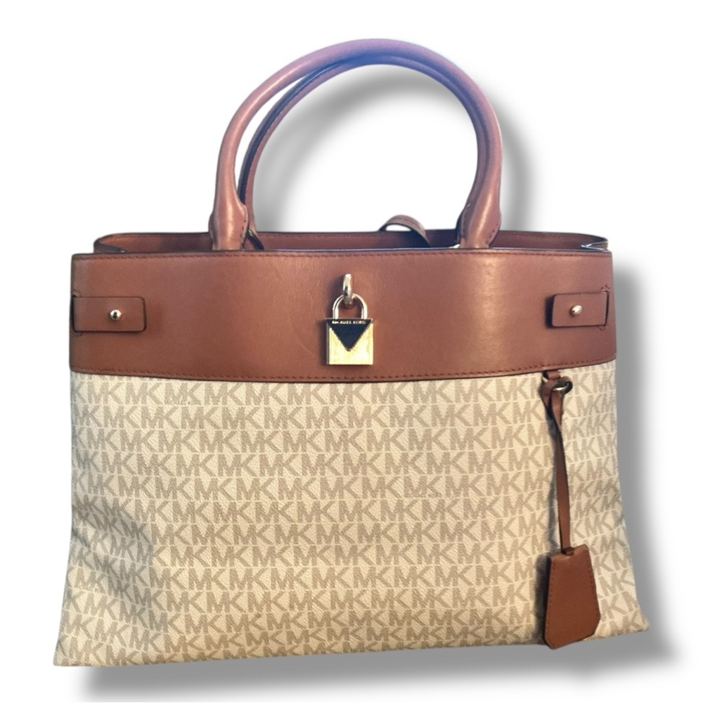 Michael Kors Jet Set Travel Medium Satchel Tote – Vanilla/Acorn MK Signature